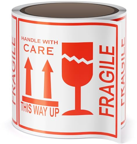 Fragile Stickers - 102 Stickers, 4x4 inch 1 Roll - Moving Tape for Shipping - Large Handle with Care Warning Labels for Moving Glass, Fragile Item - Color-Coded Caution Tag for Labelling Packing Boxes