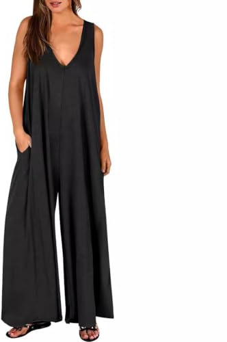 AOWVUTS Dungarees for Women UK Wide Leg Jumpsuit Casual Loose Fit Baggy Harem Romper Sleeveless V Neck Long Playsuits Ladies Solid Summer Pants Overall with Pockets