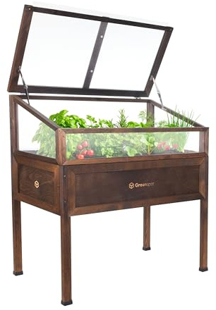 Greenspot - Jardinera elevada balcón con Campana - bancal Alto con semillero - 110 x 55 x 120 cm - de Madera - Terraza Mini Invernadero, Jardinera con Tapa, Jardinera de Hierbas - Vintage Palisandro | Huerto de 150–180 L con tapa abatible de policarbonato y altura ergonómica para balcón y terraza