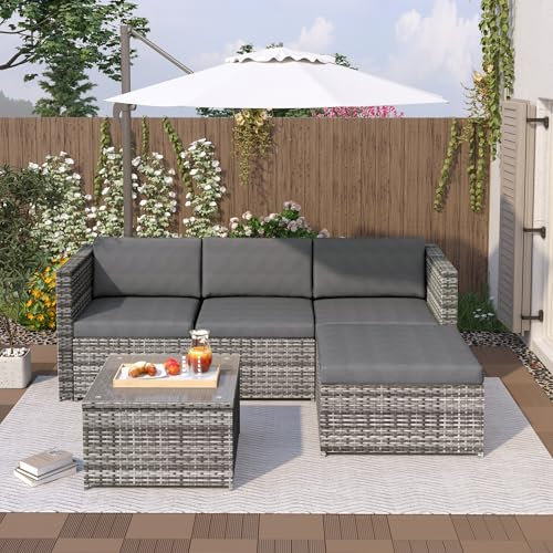 PE Poly Rattan Lounge, Outdoor Sitzgruppe, Set mit Sofa Sessel, Hocker, Tisch, frei kombinierbar, Sitzecke für 3-4 Personen, Lounge-Gartenmöbel Ecksofa wetterfest mit Sitz- und Rückenkissen, Grau