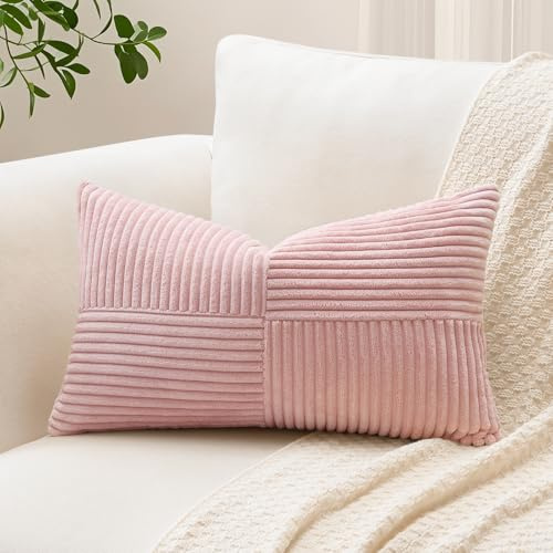 Sungeek Lot de 1 Housse de Coussin 30x50 cm en Velours Côtelé, Housse Coussins Patchwork à Rayures Croisées Doux Taies d'oreiller Décoratives pour Lit Canapé Chambre Salon, Rose