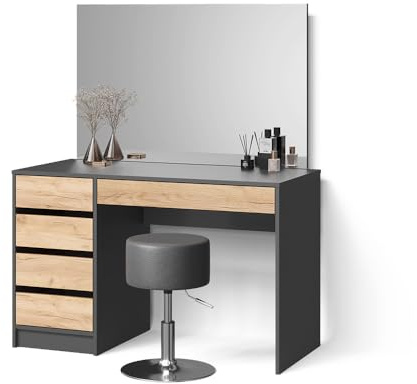 Livinity Tavolino da toilette Imola, Antracite/quercia dorata, 120 cm con sgabello