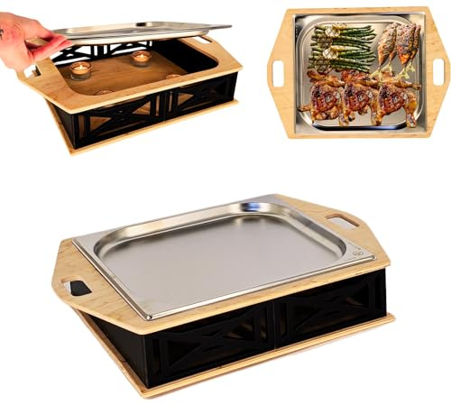 CAWI BBQ-Boards HeatBoard – Speisenwärmer für Grillabende | BBQ Servierplatte mit Edelstahlauflage & Teelichtfunktion | Warmhalteplatte für Fleisch & Beilagen | Grillzubehör mit Stil