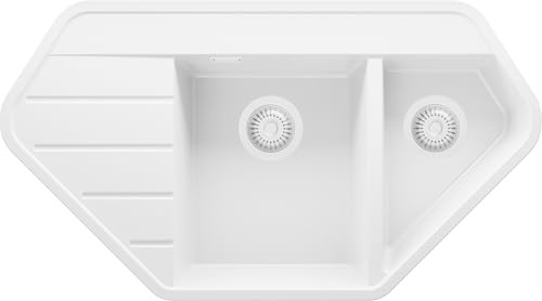 PRIMAGRAN Evier Cuisine en Granit au Meuble 70cm + Kit de Vidage, 90x50cm | Set: Kit de Vidage (Siphon, bonde d’évacuation, trop-plein) + Lavabo 1,5 bacs - Copenhague, Tout Blanc