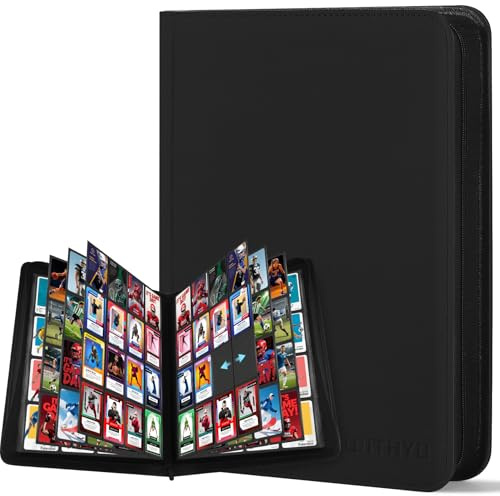 WITHYU Album da Collezione per Carte 16 Tasche, Capacità 1024 Carte - Portacarte Impermeabile Caricamento Laterale con Zip per TCG, Calcio & Collezioni, Portatile (Nero)