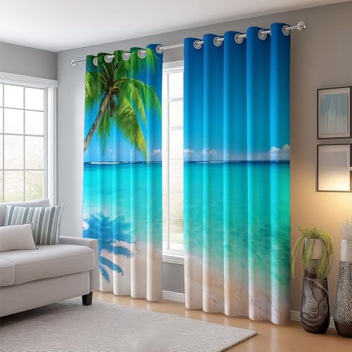 Verdunkelungsvorhänge mit Ösen H260 x B140 cm (2er Set), Natürlicher Strand Palmen Bedruckte Thermo Vorhänge für Schlafzimmer & Kinderzimmer, Blickdichte Gardinen Lärmschutz, Blaugrün