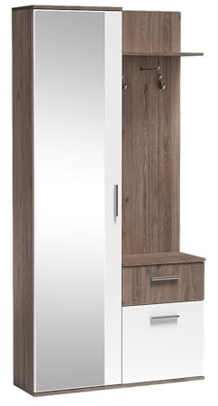 MEBLINI Garderobenschrank Flur mit Spiegel - Garderobe Schrank - Flurgarderobe schmal - Garderobe Flur Möbel Set - Flurschrank hoch - Luxor - 97x30x195cm R/L - Trüffeleiche/Weiß