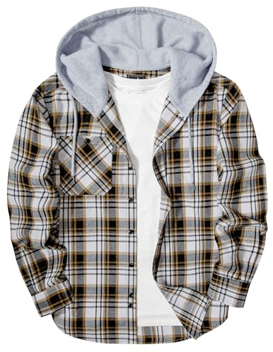 SwissWell Camisas de Franela para Hombre Camisa Casual de Manga Larga con Capucha Camisa de Leñador a Cuadros con Botón y Bolsillo