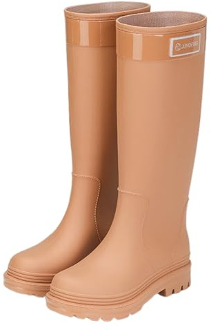 Scarpe Impermeabili Donna,Stivali Pioggia Donna Alti di Gomma Galosce Antiscivolo Tacco Basso Boots Impermeabili Stivaletti Taglie Forti ​​Tinta Unita Outdoor per Giardino e Escursionismo Cachi 39