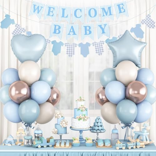 Dusty Blue Baby Shower Decorations Oh Welcome Baby Boys Balloon Set with Star Heart Foil Balloons Bunting Banner Bodysuit Paper Garland Boho Pastel Blue Gold White Sand Gender Reveal Party Decor Girls