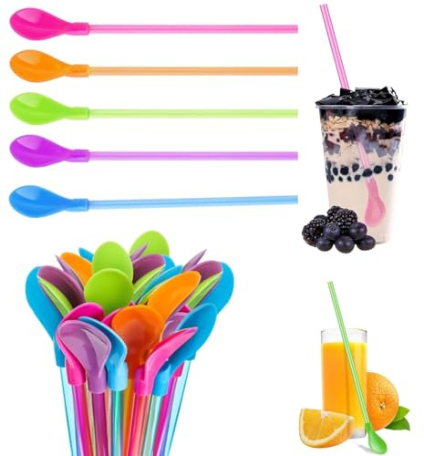 KIMHOME Lot de 15 pailles réutilisables 2 en 1 en silicone avec extrémité cuillère pour smoothie, milkshake, boba, cocktail et café glacé