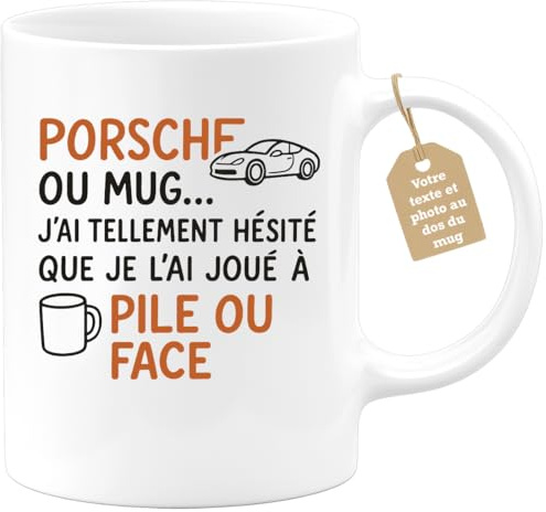 quotedazur Café-Croissant - Mug Personnalisable Texte Photo Porsche Ou J'Ai Hésité, Alors Joué À Pile Face Pour Ce Cadeau Noël De Tasse Et Sportive - Blanc/Céramique