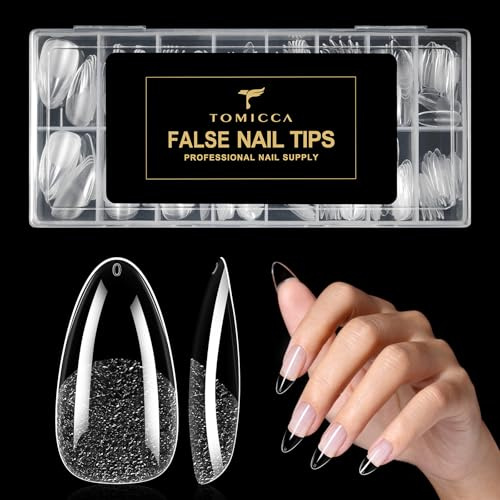 TOMICCA Almond Nail Tips, Long Lasting Soft Gel Nail Tips, No-Buff Required Medium Almond Nails, Full Cover Fake Nails for Nail Extensions Manicure DIY Practice Art Design, 15 Sizes, 120Pcs