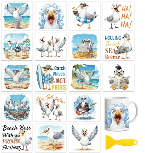 Peacoblue Rub on Aufkleber,Verspielte Möwe Transfersticker UV DTF | 18 Blatt wasserfeste UV DTF sticker Rub On Folien für Holz, Glas, Metall, Becher, Spiegel und DIY Wohndekoration