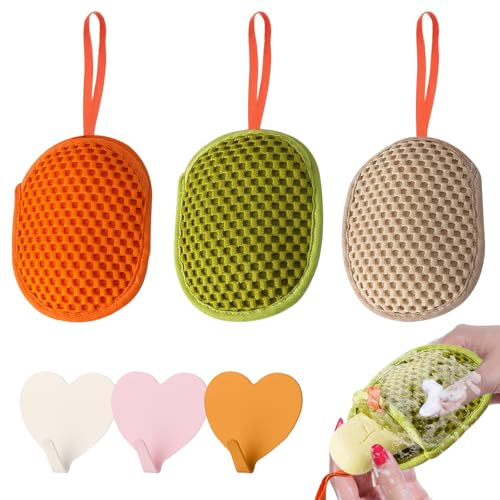 3 sacchetti di sapone in nylon per sapone solido, con ganci autoadesivi, sacchetti per sapone solido per doccia, sacchetto di sapone per schiuma bagni, colore 1