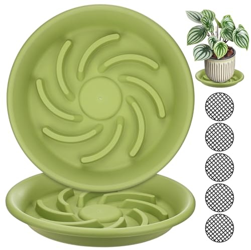 M METERXITY Paquete de 2 platillos para plantas, bandejas de plástico de 26,5 cm más gruesas para macetas/interior/exterior/drenaje y protección de agua, bandeja de goteo para macetas [verde manzana]