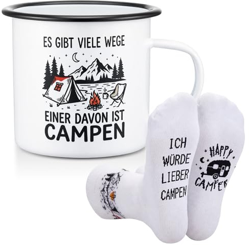 Jadive 2 Stücke Camping Geschenke Männer Frau 1 Camping Emailletasse 1 Paar Camper Socken Wohnwagen Camper Tasse Emaille-Weiß-Schwarz Standard Lustige für Wandern Wohnmobil Ausflüge (Retro)