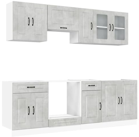 mtlskopl Kalmar - Lot de 8 armoires de cuisine - Gris béton - Avec façade en verre et bois - 80 cm - Meuble sous-évier modulaire - Grand espace de rangement - Meuble de cuisine robuste pour cuisine