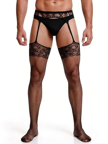 comeondear Collant Sexy Ouvert Entrejambe Homme XS-5XL Grande Taille Collant avec Jarretelle 20DEN Resille Bas pour Porte-Jarretelles Chaussettes Bas Hauts de Cuisse(en Boîte)