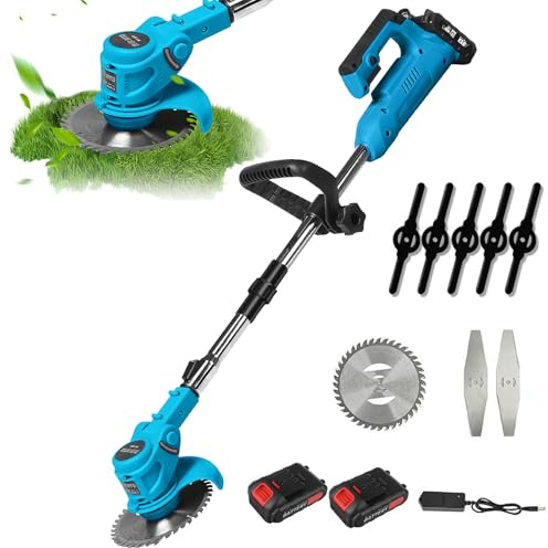 Decespugliatore elettrico senza fili 21V con 2 batterie 2000mAh, Tagliabordi senza fili con 3 tipi di lame, Decespugliatori elettrici a batteria per il taglio di giardino, Prati (B)