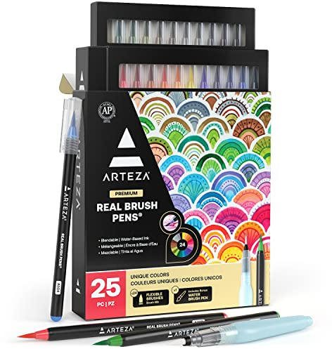 ARTEZA Watercolor Paint Pens, 24 Watercolor Brush Pens with Flexible Nylon Brush Tips, Paint Markers for Artists, and Beginners