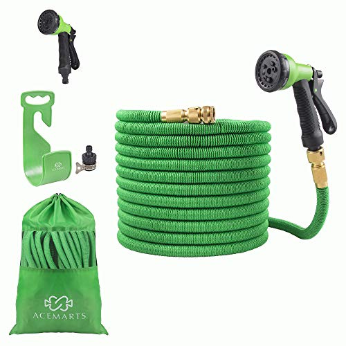 ACEMARTS Expandable Garden Hose Pipe Green 100 FT/30 M Light Weight with Tougher Latex Quality Fabric Solid Brass Connectors and 8 Pattern Nozzle for use of Many More Options
