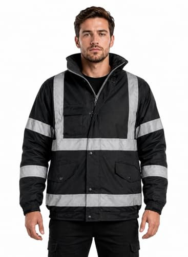 shelikes Men's Hi Vis Bomber Jacket Waterproof High Viz Workwear Coat Hooded Padded Security Safety Jacket with Pockets Reflective Tape & Fleece Lining