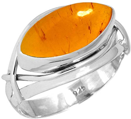 Jeweloporium Anello in argento con ambra arancione, misura 24, anello in argento sterling 925 per donna, gioielli boho in pietra marquise