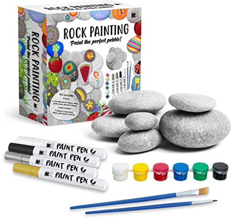 Premium Rock Painting Craft Kit - Includes Smooth Pebbles, Acrylic Paint Pens, Paints and Brushes - Decorating Hobby Gift Set