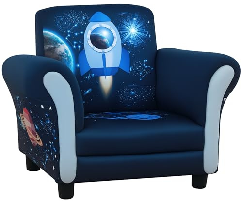 HOMCOM Kids Armchair Toddler Chair Space Rocket Wood Frame Thick Padding High Back Armrest Anti Slip Feet Blue for 3-5 Yrs