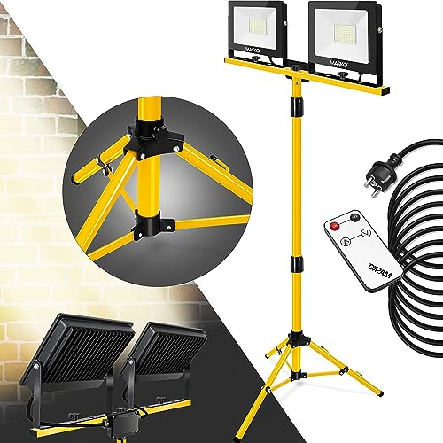 MASKO® LED Baustrahler mit Stativ Fernbedienung 100W Doppel 2x 50W Strahler 6500K Arbeitsleuchte Arbeitsscheinwerfer 5m Bauscheinwerfer Baustellenlampe innen außen höhenverstellbar bis max. 190cm