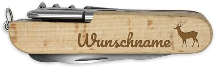 printplanet - Holz-Taschenmesser mit Namen, Initialen oder Wunschtext selbst gestalten - Taschenmesser aus Holz mit Gravur personalisieren - Motiv: Reh