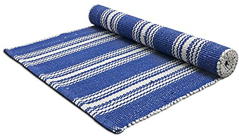 The Home Talk Cotton Yoga Mat with Carry Strap, 100% Organic Foldable Large Yoga Mat for Travel, Skid Free Mat for Exercise, Absorbent Yoga mat for Pilates, Cotton Weave, 24x72 - Blue Stripe