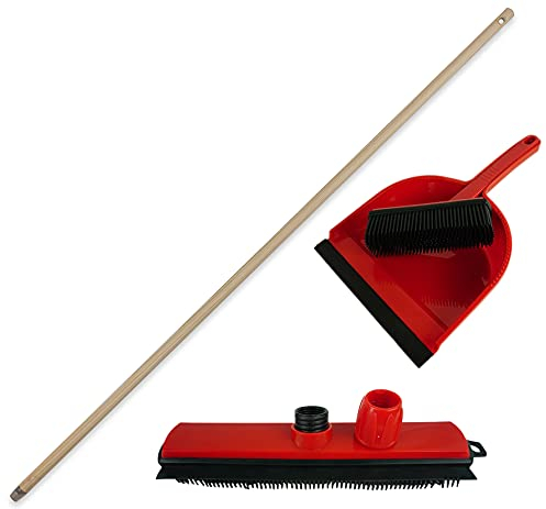 Novaliv Gummibesen Set mit Stiel & Kehrgarnitur I rot I Holzstiel I Noppenbesen Set Gummibesen Set Kehrset Gummi Handkehrset