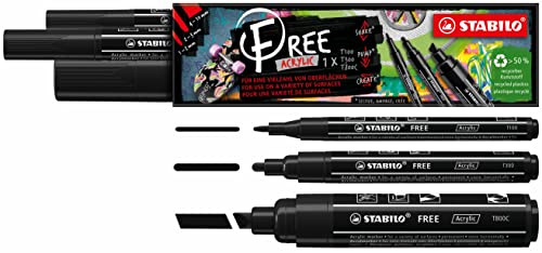 STABILO - Acrylmarker - FREE Acrylic - 3er Pack - je 1x T100, T300, T800C - mit 3 verschiedenen Spitzen - schwarz