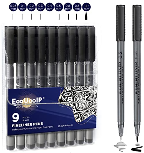EooUooIP Fineliner Stifte Set, 9 Stück Premium Schwarz Micron Handlettering Stifte, Pigment Liner set (0.05mm-0.8mm und 1 Filzstiften), für Zeichnen und Schreiben von Skizzen, Comics