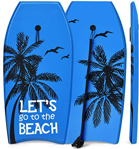 Goplus Bodyboard for Beach, 33/37/41 Inches Lightweight Body Board w/ Wrist Leash, EPS Core, XPE Deck, HDPE Slick Bottom, Surfboard for Kids Teens Adults Surfing (Blue Coconut Palm, 41 inch)