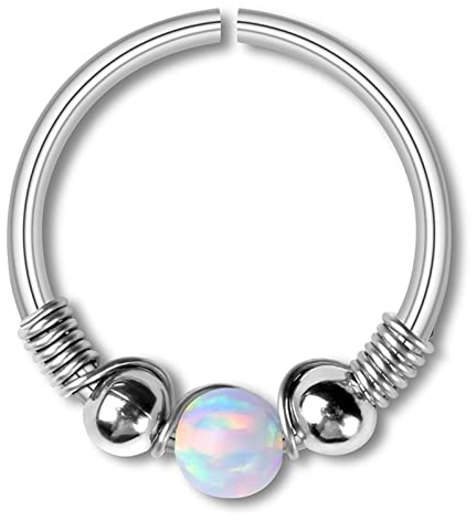 Lieson 1 Stück Nasenring Piercing Edelstahl 20G Nasenpiercing Hoop Creolen Mit Opal und Perle 8MM Piercing Septum Knorpel Tragus Helix Ohrringe Silber