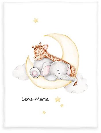 Herding babybest Babydecke, Kuscheldecke Sleeping on the Moon, Personalisiert mit Name und Datum (Bestickt), 75 x 100 cm, 100% Polyester