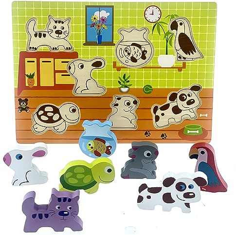 RB&G Holzpuzzle mit großen Teilen - Haustiere Puzzle für Kinder ab 1 Jahr Hund & Co. Puzzle Baby