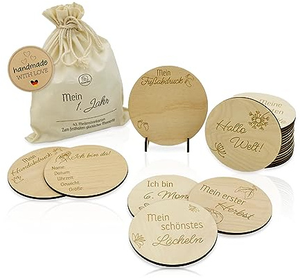 Birdart Box® Meilensteinkarten für Baby aus edlem Holz – 43 wichtigsten Meilensteine inklusive Geschenkbeutel, Meilensteinkarten Erinnerungsset