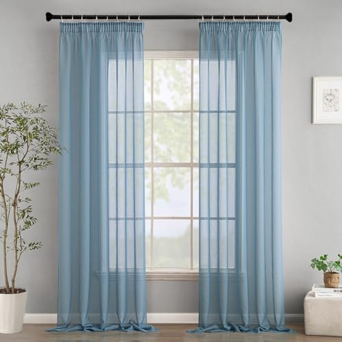 Woaboy Gardinen mit Kräuselband Voile Vorhänge Wohnzimmer Transparent Sheer Curtains Stores Gardine Schlafzimmer Modern Schlaufengardinen 2er Set 140x260cm (BxH) Navy Blau