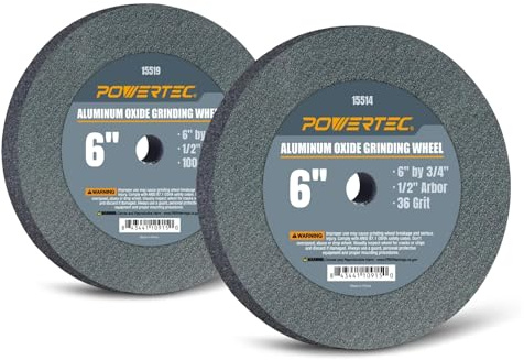 POWERTEC Bench Grinder Wheel 6 Inch White 36 & 100 Grit, Aluminum Oxide Grinding Wheel for Bench & Pedestal Grinder, 3/4 Thick 1/2 Arbor, Sharpening & Shaping Drill Bits, Blade, Chisel, 2PK (15530)