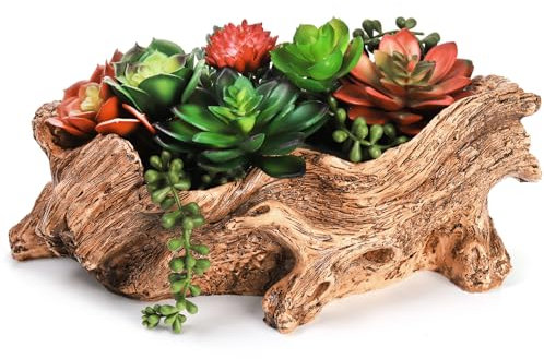 Tebery Artificial Driftwood Planter, Vintage Cactus Container with Drainage Hole, Creative Imitation Sculpture Resin Succulent Flower Pot for Herb, Strawberry, Small Plants