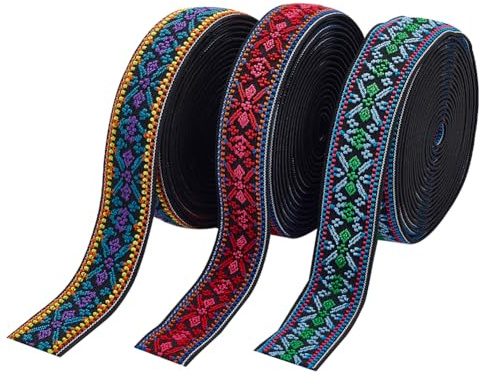 PH PandaHall 9 Yards 3 Farben Elastisches Jacquardband Ethnisch Bestickter Besatz Boho Jacquardband Vintage Gewebter Stoffbesatz Für Gurtband Kleidungsstück Nähzubehör