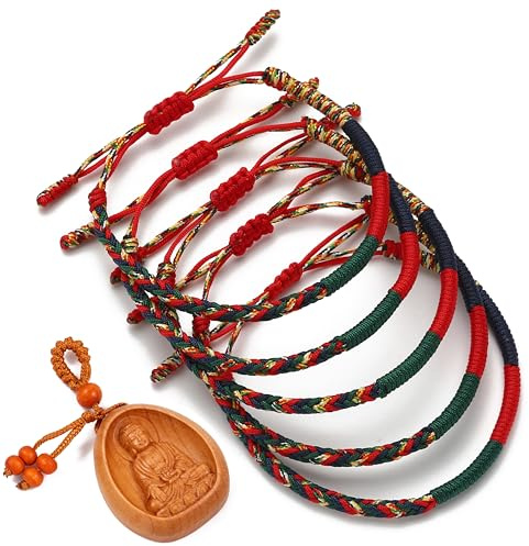 Lucky BUDDHIST – 5 tibetanska lyckoarmband + buddhistisk gåva! - Handgjort Justerbar till din handled. För män och kvinnor. Vänskapsarmband av flätat tyg