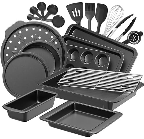 HONGBAKE Bakeware Sets, Baking Pans Set with Kitchen Utensils, Nonstick Oven Pan with Wider Grips, 17 Pieces Including Rack, Cookie Sheet, Cake, Loaf, Muffin, Pizza Pan