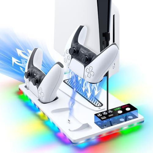 Mcbazel PS5/Slim/Pro Cooling Station with Dual Controller Charging Station for Playsation 5 Disc/Digital Console, PS5/Slim/Pro Cooling Stand with RGB Light, Playsation 5 Accessories