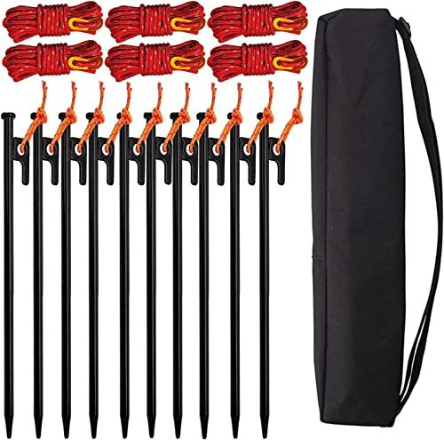 10er-Pack Zeltheringe, robust, 30,5 cm, Stahl-Zeltheringe mit reflektierenden Zugseilen, Planenheringe, Campingheringe für Outdoor-Camping mit 6 Seilen, 3,8 m Länge und Aufbewahrungstasche, Silber