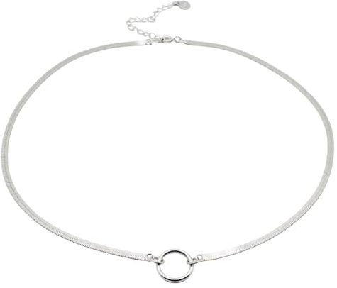 R.Universe 925 Sterling Silver Herringbone Chain CHOKER Necklace With Circle Pendant, Flat Snakechain Minimalist Geometric Birthday Best Friend Gift For Her Mum Prom Elegant Everyday Jewellery